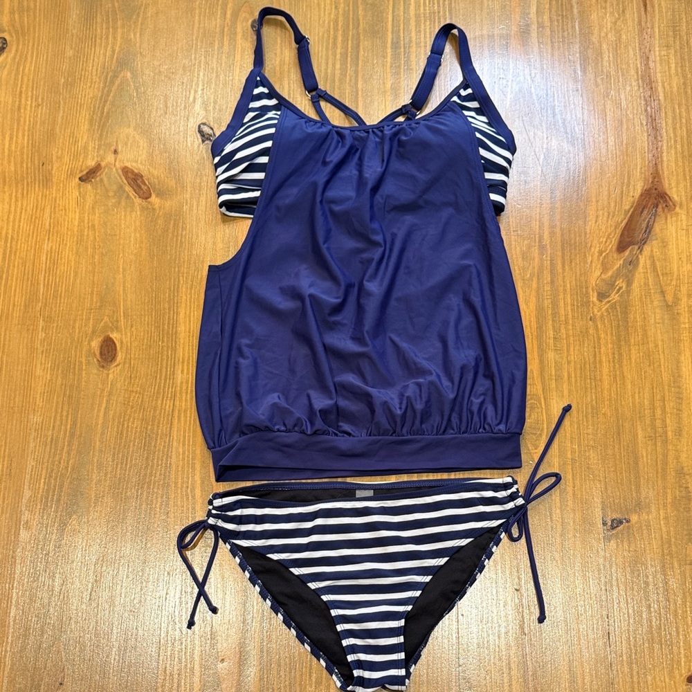 Striped blue & white bra tank blouson w/ side tie bikini bottoms Swim Set NWOT